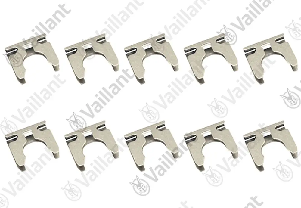 Vaillant Clips in Metalloptik, in einer Anordnung von zehn Stück, zum Befestigen oder Halten von Bauteilen im Heizungsbereich.